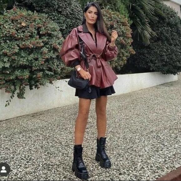 NWOT Zara Blogger Maroon Faux Leather Belted Oversized Blazer Jacket. - Picture 2 of 11